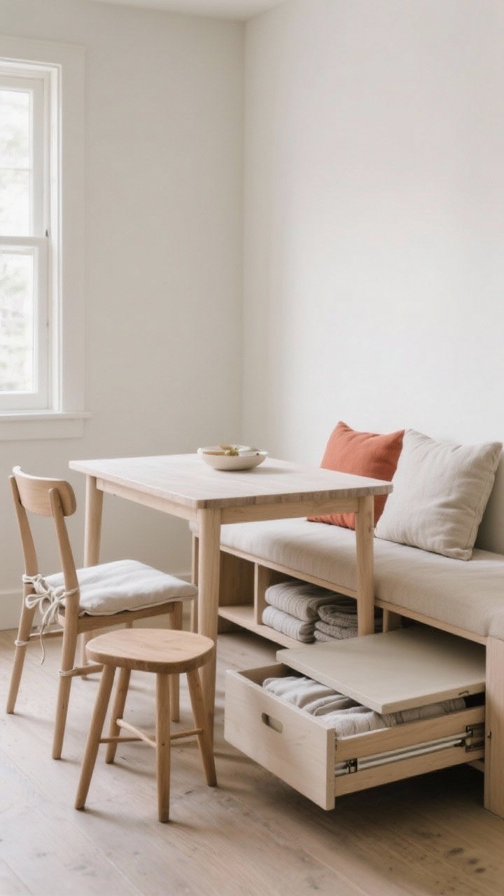Medium shot, straight-on: Seating that pulls double duty around a small dining table—two slim, low-back or open-back chairs in light wood with slim washable tied seat cushions, a narrow bench that slides fully under the table, and a lidded storage bench against the wall with subtle hinges ajar revealing neatly stored linens. Add two backless stools tucked under a drop-leaf edge to show compact storage. Calm, neutral fabrics with one accent color on cushions; soft natural light emphasizing airy sightlines and multiuse functionality.