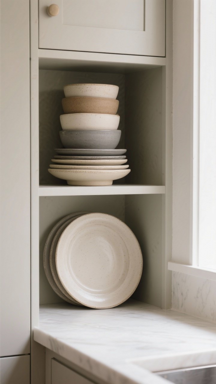 Medium shot, straight-on view of a compact open-shelf kitchen nook showcasing a vertical-stack stoneware set arranged by height: largest dinner plate on bottom, then salad plate, then bowl nesting flush into a tidy tower. Matte glazes in neutral artisanal tones (soft cream, warm gray), clean silhouettes, durable stoneware textures visible. Include a slim cabinet riser creating two separated stacks without wasting vertical space. Soft natural daylight from the side, fingerprint-friendly matte finish subtly diffusing light. No people.