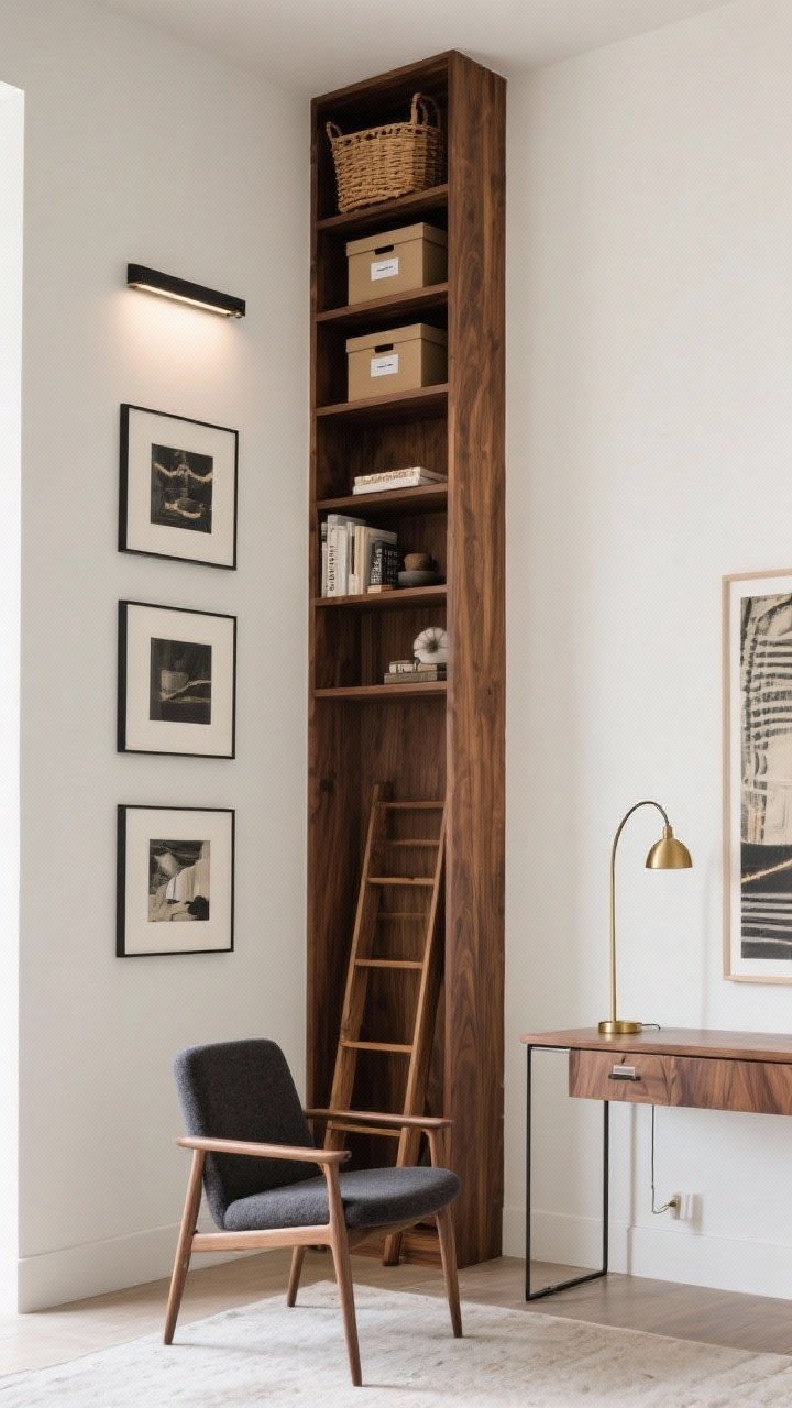 Medium shot, “Vertical Vista” wall showcasing height: tall walnut bookcase stepping to the ceiling, flanked by a leaning ladder shelf. Trio of stacked frames hung vertically to draw the eye upward. Armless accent chair in charcoal felt and a slim console desk with a wall-mounted filing rail nearby. Walnut, charcoal, cream, and brass accents. Baskets up top, labeled boxes mid-height, display objects at eye level. Vertical picture light over the art and a tall arc lamp echoing the height. Photorealistic, straight-on view emphasizing vertical lines.