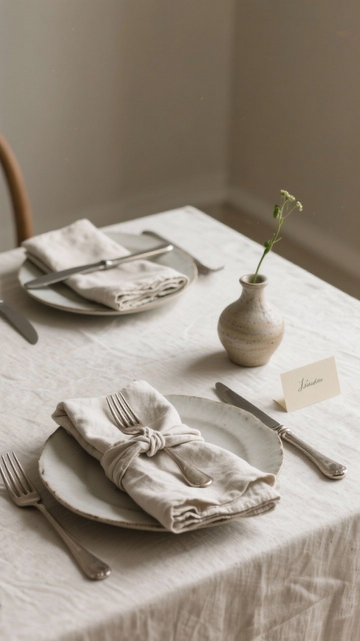 Medium straight-on view of napkin and flatware styling variations across two place settings: left setting shows a classic drape of a soft stonewashed linen napkin tucked between the dinner and salad plate with a fork stacked on top (European stack) and the knife placed horizontal above the plate; right setting shows a casual knot napkin set to the left with a ceramic napkin ring placed nearby, minimalist flatware count (only fork and knife); include a tiny bud vase with a single stem and a small name card tucked with the napkin; soft natural light, neutral tablecloth.