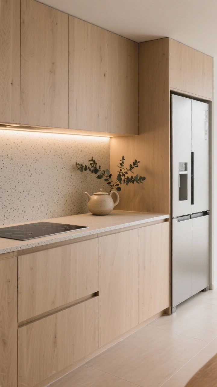 Minimal Japandi closeup detail: slab-front light ash cabinets with touch-latch, no visible hardware, micro terrazzo countertop seamlessly meeting the walls; flush induction cooktop nearly invisible, panel-ready fridge line matching cabinetry; a shallow niche shelf holding a single ceramic teapot and a sprig of eucalyptus; warm-only slim linear LED under-shelf light creating serene glow; large-format warm beige porcelain floor just visible at the edge; calm, restrained composition; photorealistic, no people.