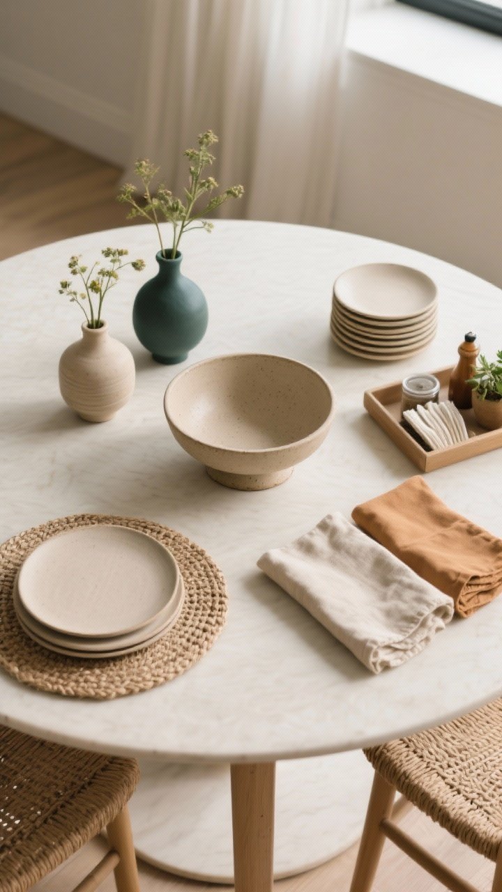 Overhead detail shot: A small round table styled “set-ish” and uncluttered—centered is a shallow stoneware bowl (or footed compote) as a movable centerpiece, flanked by a tidy bud vase trio. Two stacks of neutral plates and two sets of linen napkins in complementary colors sit to one side, with woven placemats adding a tactile layer. A compact tray corrals condiments, a small plant, and napkins for easy lift-and-clear. Tonal palette in sand, camel, and oat with a single pop of olive or navy; soft morning light and crisp texture detail.
