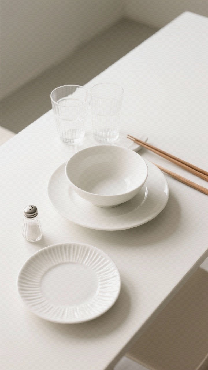 Overhead detail shot: Minimalist monochrome place setting of warm white everything—dinner plate, bowl, and side plate—all in slightly different textures (rippled, fluted, subtly ridged); clear glass tumblers for an airy effect; a tiny salt cellar replacing bulky shakers; add beechwood or ash chopsticks as a modern accent; soft diffused daylight to avoid clinical glare; clean, smooth, elongated visual flow with tonal warmth emphasized.