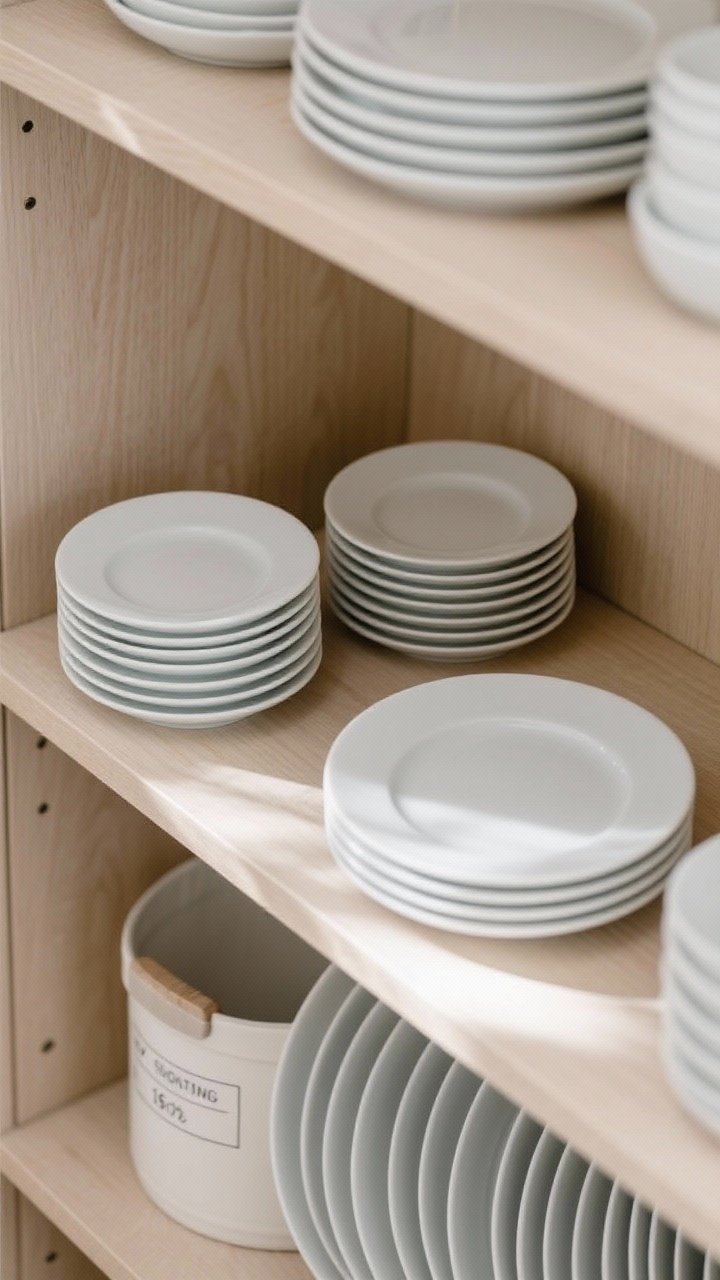 Overhead detail shot of a thin-profile 16-piece porcelain set in a neutral palette (white and soft gray), highlighting ultra-thin rims that stack flat. Two place settings in the cabinet front and a labeled bin in the background partially visible for the rest. Emphasize low stack height and lightweight feel, minimalist Scandi vibe, restaurant-style clean shapes on a pale wood shelf. Bright diffused daylight, crisp shadows, no people.