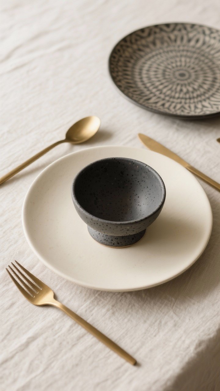 Overhead shot: An intentional mismatched place setting on a neutral base. Round matte cream dinner plate, slightly oval salad plate in charcoal matte, a footed bowl with a speckled reactive glaze. Keep one element consistent: all matte finishes. Include brushed brass flatware to cap the three finishes (cream stoneware, charcoal matte, brushed brass). One patterned salad plate option shown at a neighboring setting on the clean base for contrast. Balanced, curated, not chaotic.