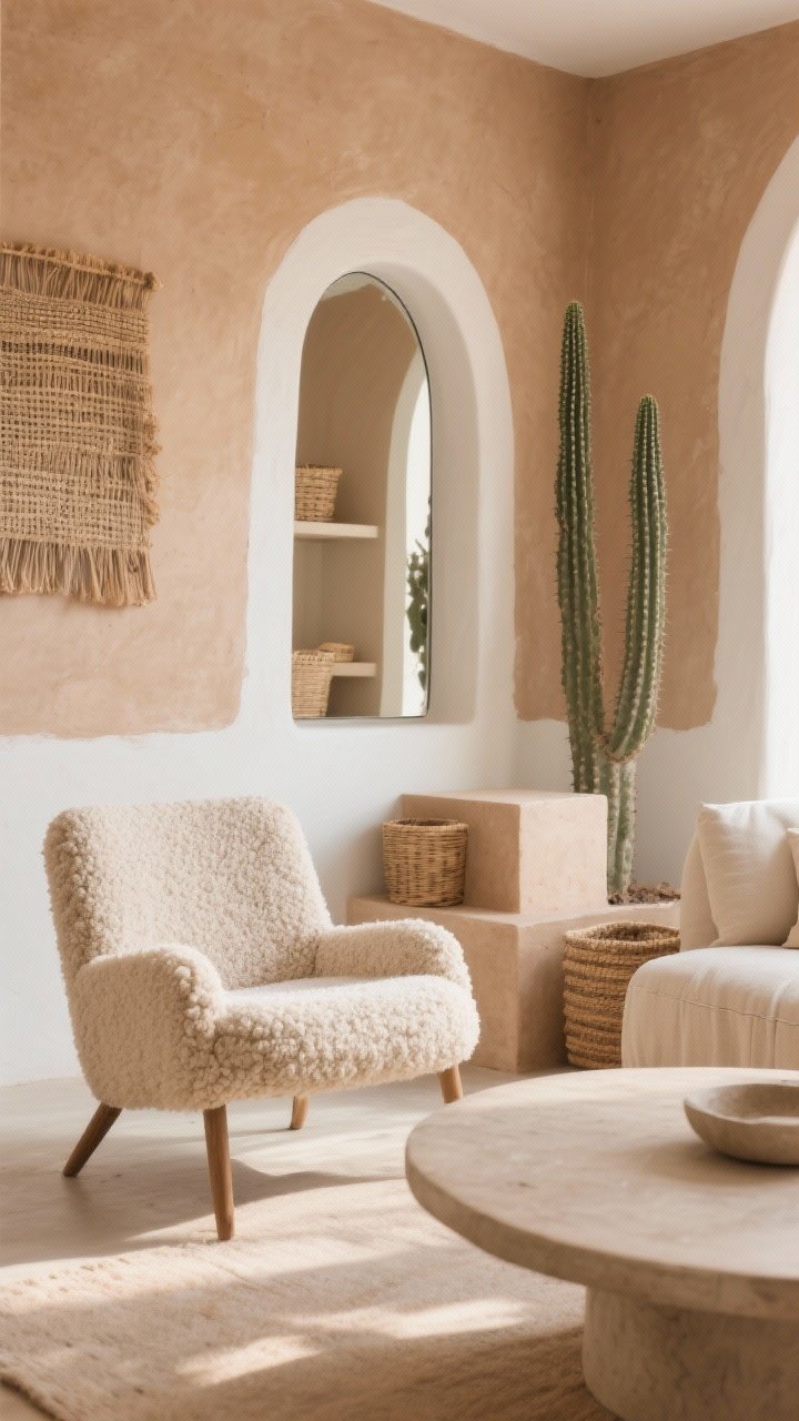 Photorealistic closeup detail of desert minimal textures: clay-beige wall with chalky white trim as backdrop, bouclé accent chair arm showing nubby texture beside a linen slipcovered sofa seam, plaster-look round coffee table surface with soft matte finish, arched mirror edge reflecting toned-down neutrals, textured wall art in natural fibers, open cube shelf corner with baskets, a tall cactus trunk visible in background; calm, sunwashed light with soft shadows.