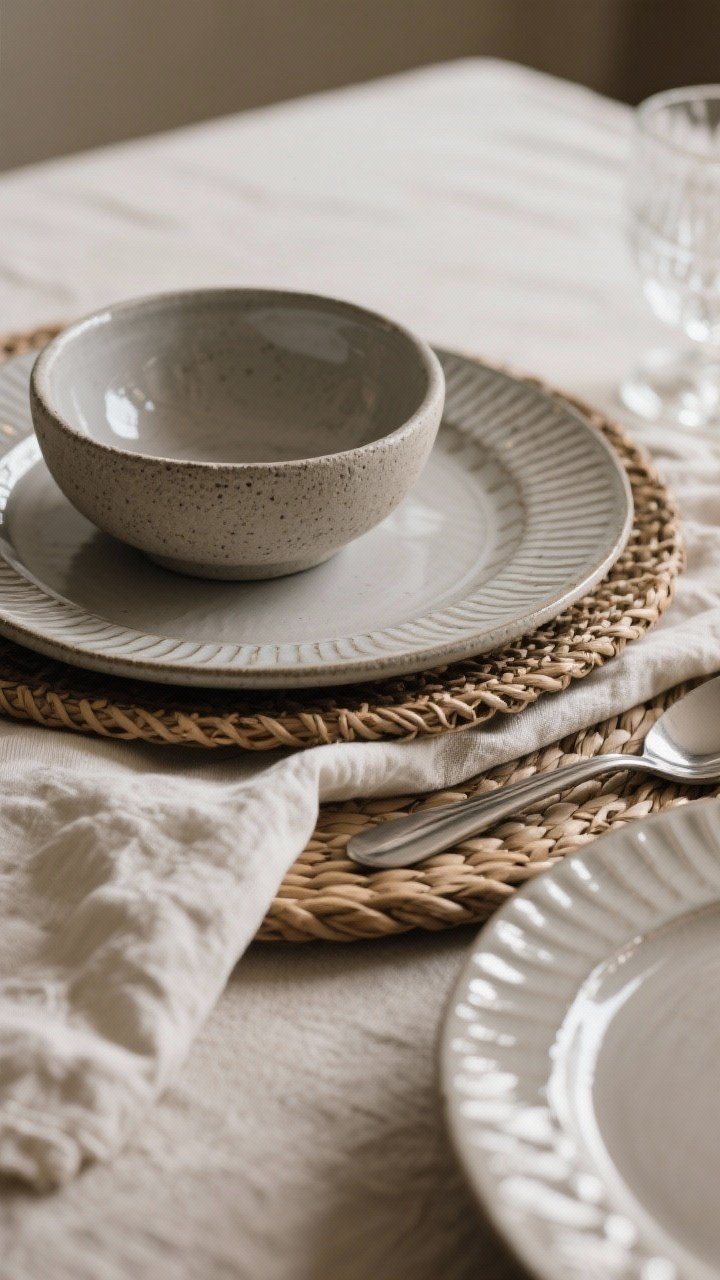Photorealistic closeup detail of texture layering: a matte stoneware dinner plate under a glossy patterned salad plate, with a hand-thrown rough-textured bowl on top. Include woven rattan charger peeking beneath, a softly wrinkled linen napkin, and fluted rim detail on a side plate for subtle dimension. Add a shiny glass and sleek flatware for rough + smooth contrast. Soft side lighting to rake across surfaces and highlight texture; shallow depth of field emphasizing the tactile finishes.