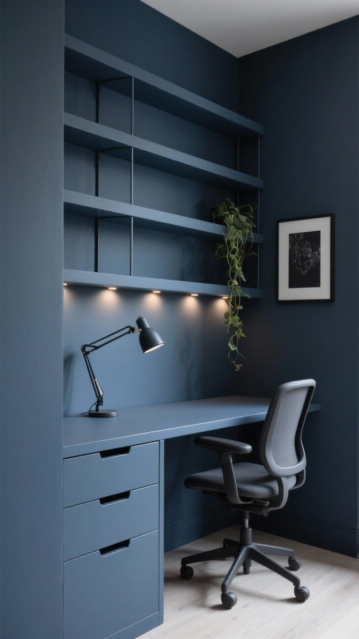 Photorealistic closeup detail of the monochrome micro-office nook: a slate blue accent wall with a wall-mounted desk painted the same slate blue, two drawers aligned flush. Vertical shelves climbing to the ceiling, also painted slate blue, with a clip-on lamp and under-shelf puck lights glowing. A slim armless task chair in charcoal tucked under the desk, black-framed art leaning on a shelf, a single trailing plant adding subtle life. Tight tonal palette, soft focused task lighting; angled closeup emphasizing color continuity and texture of matte paint.
