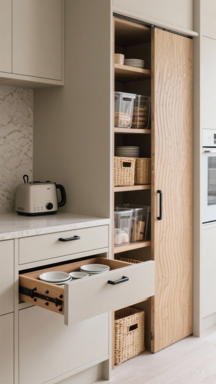 Photorealistic closeup detail shot capturing Japandi textures and storage: rippled fluted wood panels sliding to reveal a pocket-door pantry. Inside the mini walk-in pantry, adjustable shallow shelves hold clear bins and bamboo baskets sorted by category. Foreground shows putty-toned cabinetry with discreet matte black edge pulls; one deep drawer open features a wooden peg system locking plates and bowls in place. A slim appliance garage door partially open hides a toaster and kettle. Palette of sand, mushroom taupe, pale oak, and pale stone; soft diffuse natural light for a tranquil, Zen-Nordic mood; tight, front-facing composition emphasizing materials and organization.
