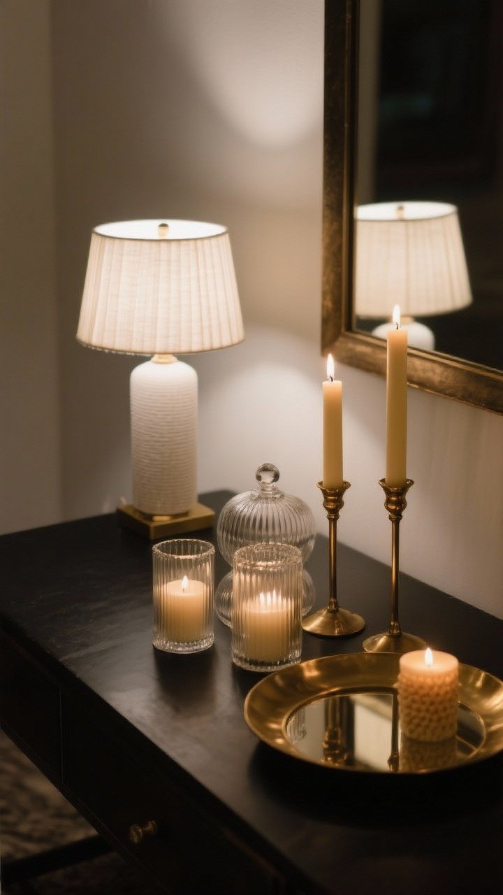 Photorealistic closeup, three-quarter angle of a black tabletop with layered lighting: a small table lamp nearby with a pleated linen shade casting a warm white 2700K glow that creates a gentle halo; a cluster of pillar candles in clear glass hurricanes beside a pair of beeswax tapers for buttery warmth; a brass mirror tray reflecting soft, warm highlights without looking glam; varied heights (low candle, mid vessel, taller lamp) guide the eye; overall low-light, cozy ambience with blurred hard edges