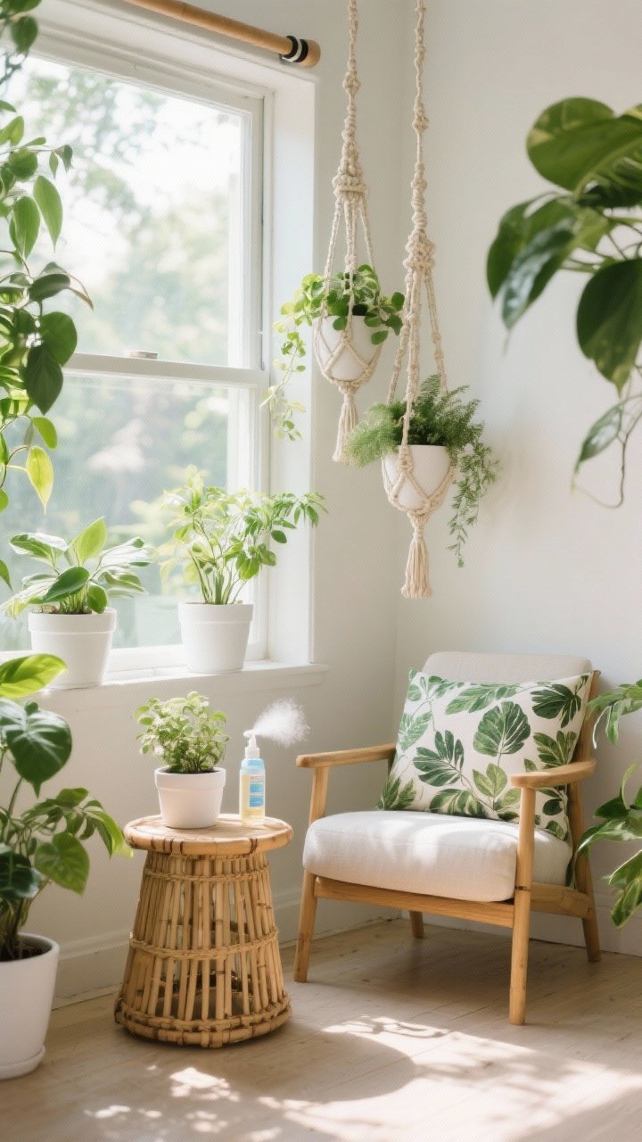 Photorealistic corner medium shot of a plant-packed window lounge: a sunny window with a tension rod supporting two macramé plant hangers at staggered heights, a round bamboo stool clustering three small white planters with varied foliage, a chair with a leafy-print cushion, a misting bottle and plant shine spray nearby for care. Palette: layered greens, white pots, natural bamboo. Bright natural sunlight with soft shadows. No people.
