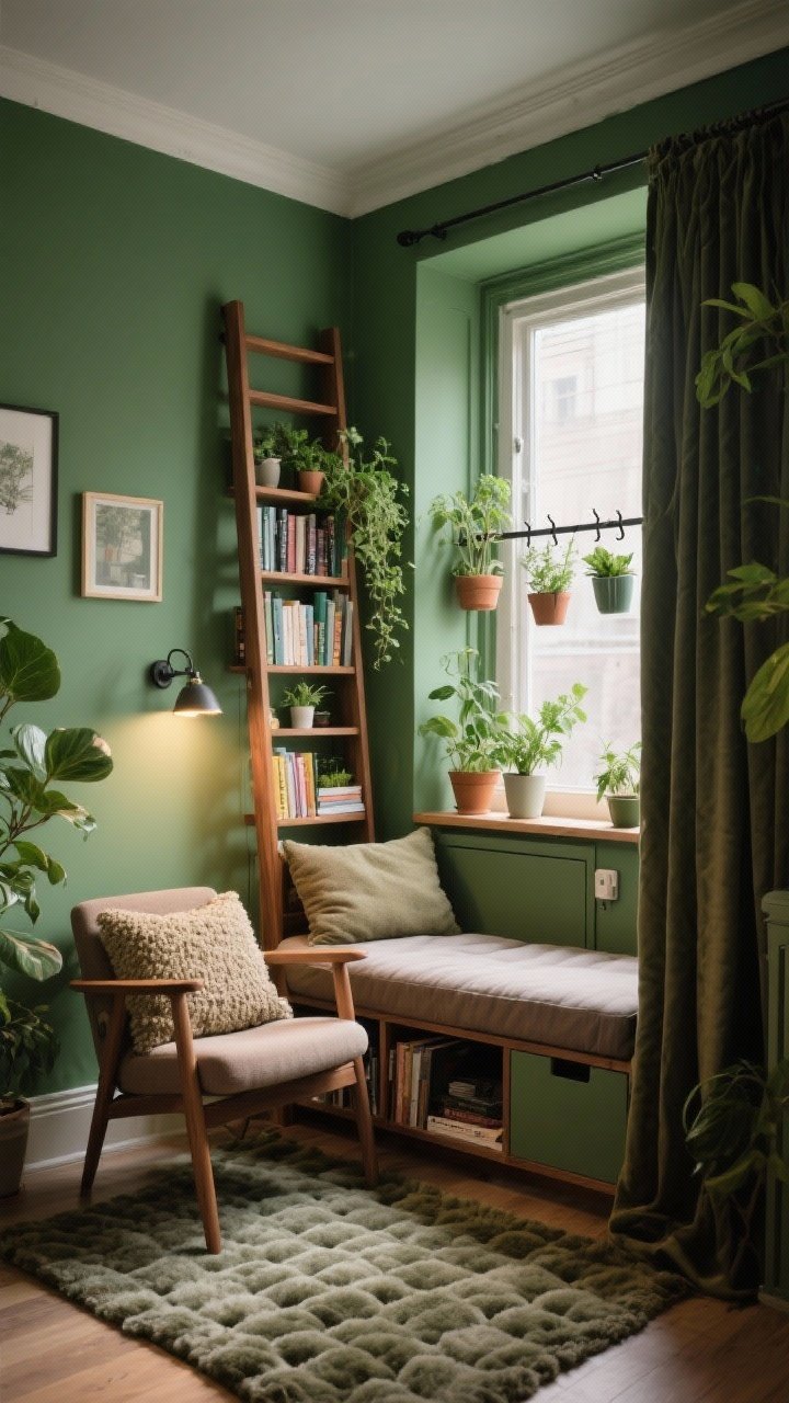 Photorealistic cozy corner medium shot of a plant-filled micro library: moss-green walls, walnut ladder bookcase filled with books and small plants, chair-and-a-half sleeper with storage arms slightly open to reveal compartments, window ledge shelves lined with herbs, rail system with hooks holding planters and mugs, tufted wool rug underfoot, bouclé pillows on the chair, floor-to-ceiling curtain concealing a utility closet, layered glow from clip-on picture lights and plug-in sconces; intimate, green, and cleverly layered ambiance.