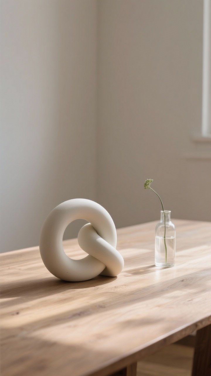 Photorealistic detail closeup from a corner angle of a minimal sculptural centerpiece: a single matte ceramic knot (off-white) with airy curves and negative space, sized wide but low below eye level; paired with a tiny clear glass bud vase holding one short stem for a deliberate composition; palette kept tight—ceramic and glass only—for calm, gallery vibes; set on a bare wood tabletop with soft, diffuse natural light, emphasizing shadows through cutouts and the object’s sculptural form.