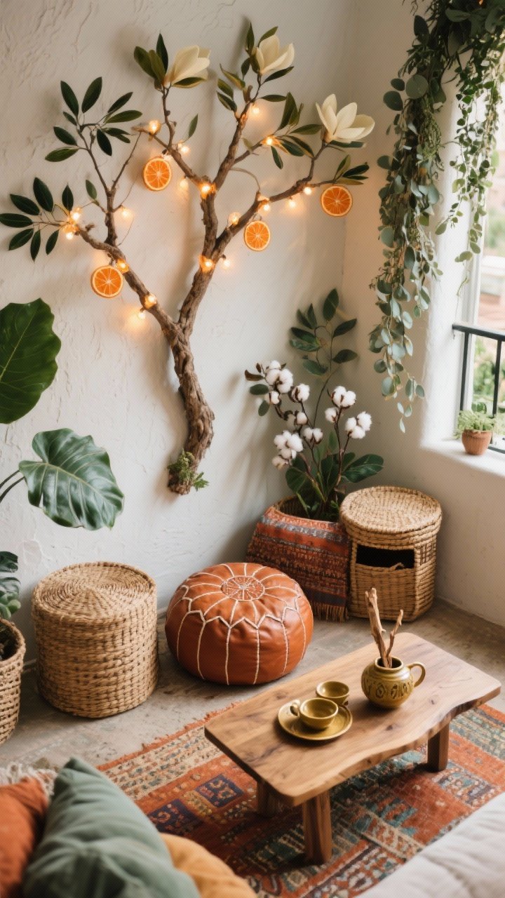 Photorealistic detail closeup from above of a Boho Botanical scene: wall-mounted branch “tree” on a plaster wall, strung with warm micro lights and dried orange slices; surrounding greenery—olive branches, magnolia leaves, cotton stems and eucalyptus swags blending from balcony to living room; rattan textures, terracotta accents; floor cushions and a Moroccan leather pouf around a low mango-wood coffee table styled with palo santo and a ceramic tea set; lidded baskets nearby for hidden storage; color notes of sage, terracotta, cream, and brass.