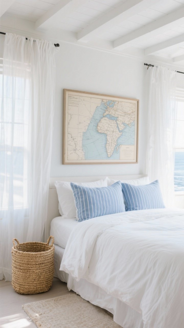 Photorealistic medium bedroom shot with coastal micro-vibes: a neatly made bed with a crisp white duvet, soft blue ticking stripe pillowcases, sheer white curtains hung high to lift the ceiling, a small seagrass basket beside the bed as nightstand storage, and a framed vintage nautical map above the headboard as focal art. Color palette: white, chambray blue, natural straw. Breezy daylight filtering through sheers. No people.