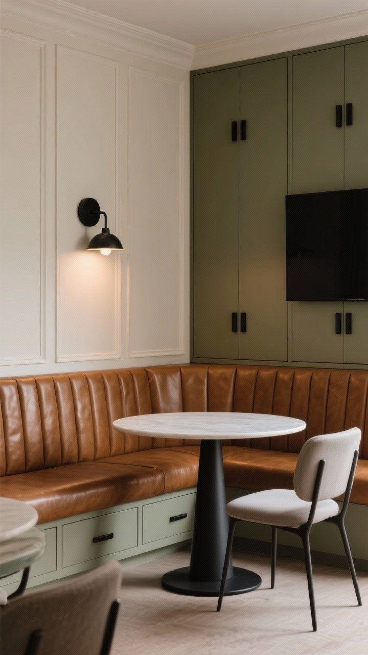 Photorealistic medium closeup of the dining booth plus media wall: a built-in banquette bench along one wall with storage drawers below, upholstered in wipeable cognac faux leather. A round pedestal table paired with two lightweight side chairs; a statement sconce centered over the banquette casting a moody evening glow. Across from it, a full-height media wall with closed cabinets and matte black hardware. Palette of cream, cognac, soft olive with black accents; intimate, warm lighting; crisp textures of leather and painted cabinetry.