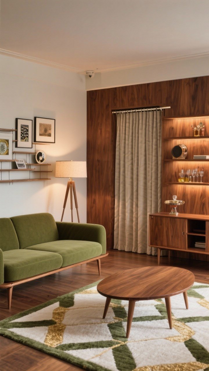 Photorealistic medium living room shot in retro streamline style: warm walnut wood tones, olive green accents, tight-back mid-century sofa on tapered legs, kidney-shaped wood coffee table, floating credenza, tripod floor lamp, gallery shelves with rotating art, a 50s-style bar cabinet partly open to hint at hidden storage, geometric rug in ivory and olive with subtle gold accents, curtained closet using pinch-pleat track hardware; crisp, sleek profiles with warm evening light.
