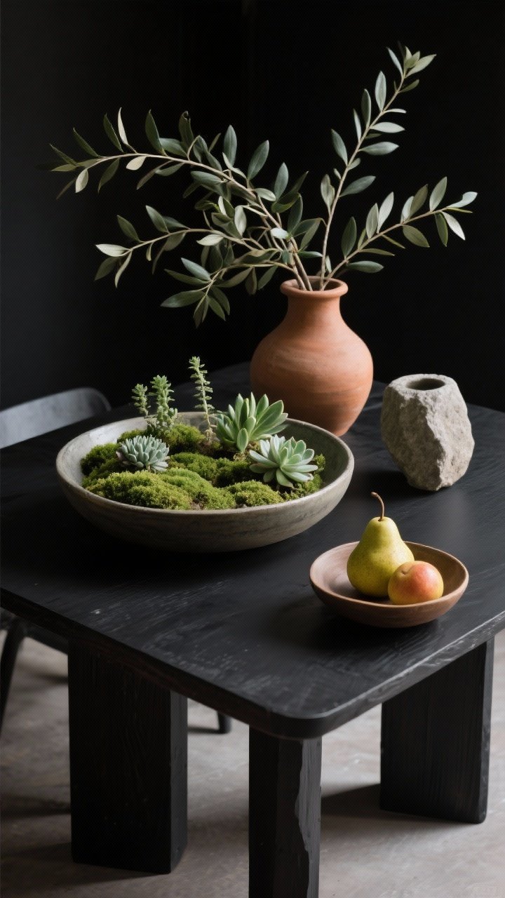 Photorealistic medium overhead shot of a black table styled with organic life: a low ceramic bowl with moss and small succulents forming a low, wide arrangement; airy stems of olive branches and eucalyptus in an unglazed terracotta vase with a matte finish; a stone vessel nearby to add earthy texture; optional fruit bowl with ripe pears for warm color; balanced, natural light highlighting greens and matte surfaces; grounded, chic, and softly contrasted against the black backdrop
