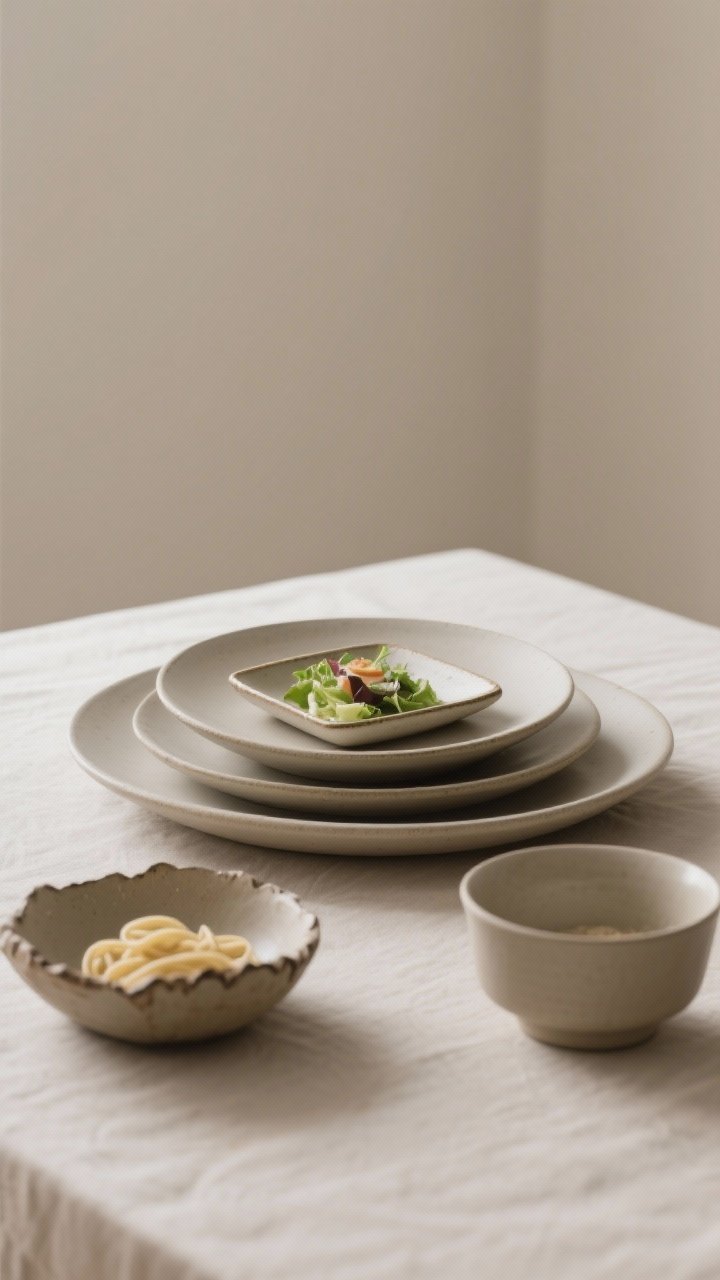 Photorealistic medium shot focused on shape and scale play: a place setting featuring a large round dinner plate, a coupe-style salad plate layered above, and a small square appetizer dish on top, arranged so each edge peeks visibly. Include a shallow pasta bowl at one setting and a taller cereal bowl at another to vary depth; add one piece with organic, slightly wonky handmade edges for personality. Neutral backdrop, balanced composition, straight-on perspective with gentle natural light.