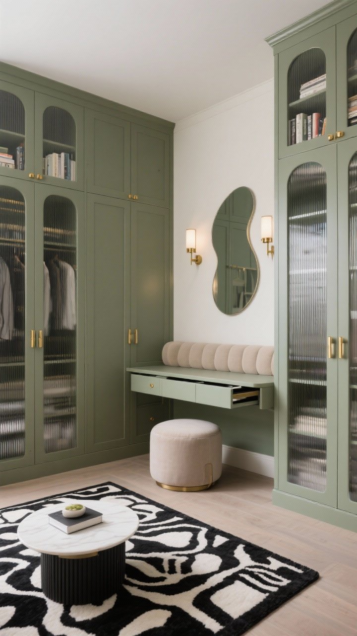 Photorealistic medium shot focusing on the corner command center: two adjacent walls lined with tall wardrobes and closed bookcases forming an L in matte sage finish, featuring brass edge pulls and ribbed glass doors for texture and light reflection. A mini loveseat nestled in the corner with a round ottoman floated in front as a coffee table. An integrated pull-out desk open in one cabinet. A black-and-cream graphic rug anchors the zone; asymmetrical wall sconces and a curvy mirror soften the geometry. Balanced, cozy lighting with subtle highlights on textures.