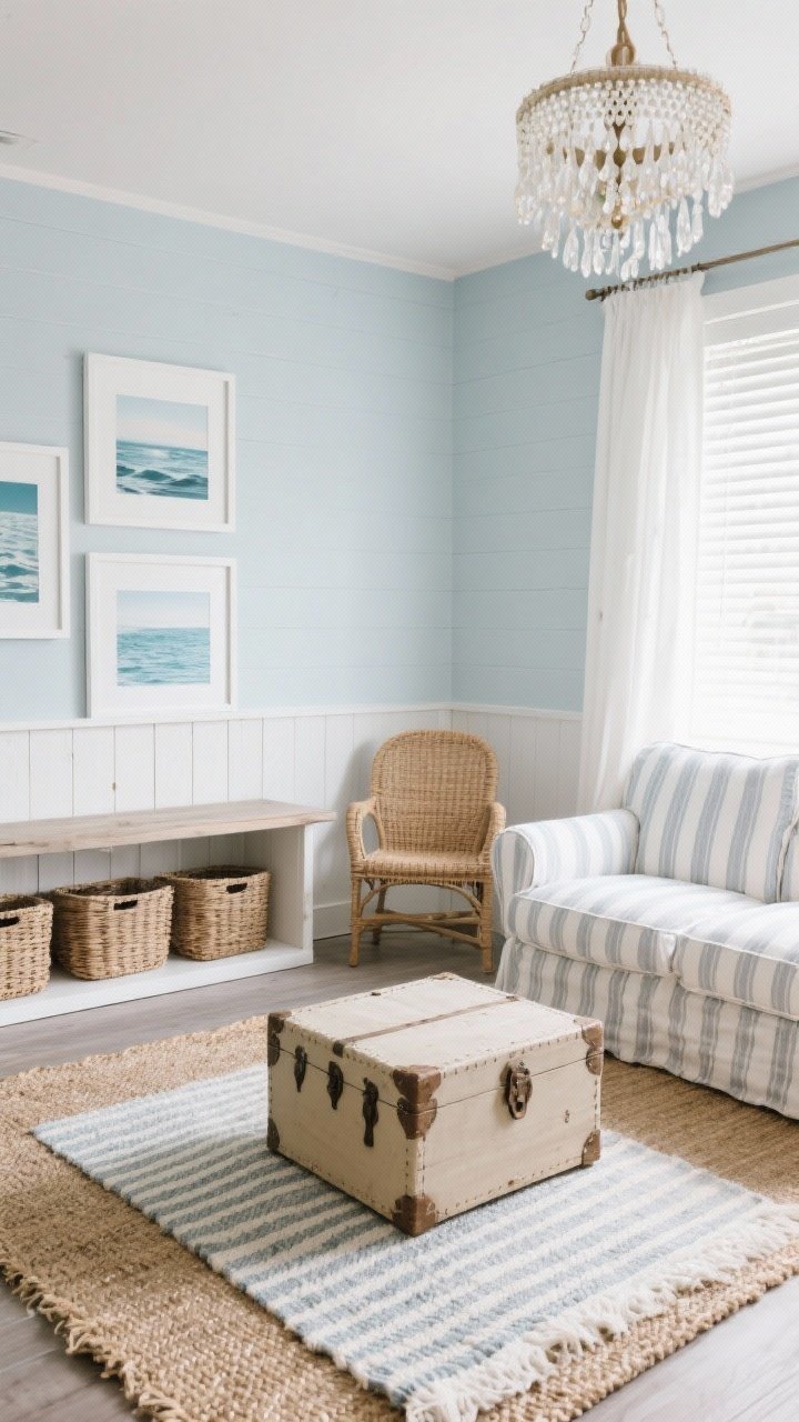 Photorealistic medium shot of a coastal compact living area: pale blue-gray walls, whitewashed wood accents, striped slipcovered loveseat, rattan side chair, trunk coffee table with closed hidden storage, white woven shades filtering light, layered rugs with a seagrass base and a small patterned cotton rug on top, ocean prints in thin white frames, capiz or beaded chandelier for subtle sparkle, slim narrow console behind the sofa with baskets tucked underneath; bright, breezy daylight.