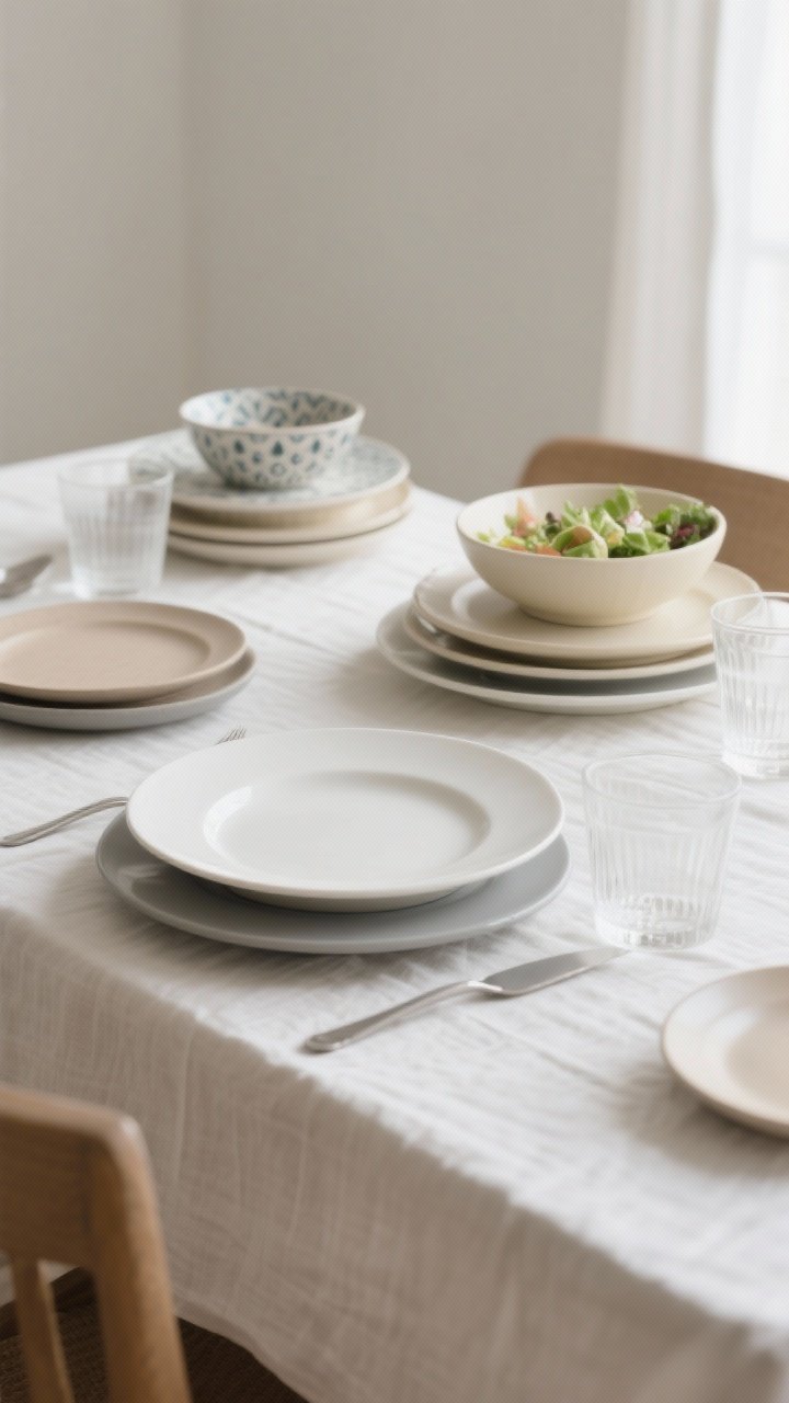 Photorealistic medium shot of a dining table set with a calm, neutral base: white and cream dinner plates in a consistent rim style and shape, paired with soft grey and sand-toned side plates; matte and glossy finishes mixed subtly. Add personality only on upper layers: patterned salad plates and bowls in gentle hues placed atop the quiet base. Include linen tablecloth in off-white, simple clear glassware, and minimal flatware. Soft natural daylight from the side, straight-on angle, depth of field focusing on the layered stack. Mood: grounded, curated, intentional.