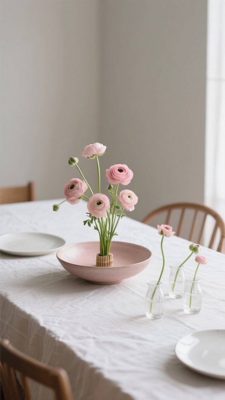 Photorealistic medium shot of a dining table styled with low, wide florals: a shallow ceramic ikebana bowl with a visible kenzan (flower frog) anchoring short, artfully angled stems of ranunculus, anemones, and blush roses in a monochrome blush palette; three to five tiny clear bud vases scattered nearby, each with a single short stem in the same color family; arrangement hugs the table surface to keep sightlines clear; soft natural daylight from the side, clean linen tablecloth, minimal tableware pushed back to show ample plate clearance; airy, uncluttered mood with negative space emphasized.