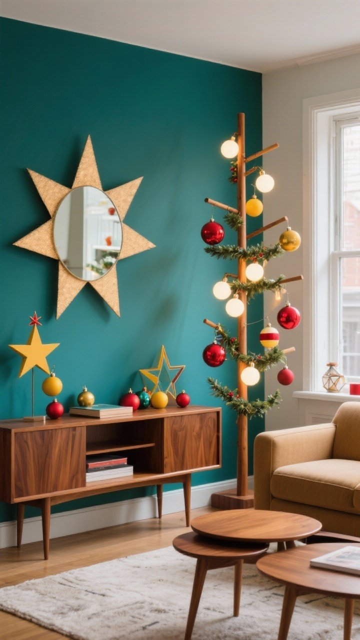 Photorealistic medium shot of a Mid-Century Merry Studio living space: warm walnut media console, tapered-leg sofa, and a starburst mirror; retro-inspired ornaments—color-blocked baubles, star toppers, geometric garlands—on a slim wooden dowel tree; strand of oversized bulb lights glowing along a window; punchy palette of teal, mustard, cherry red with walnut wood; nesting tables tucked in for flexible surfaces; clean lines and nostalgic holiday mood.