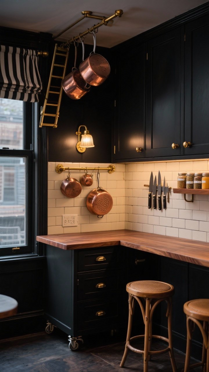 Photorealistic medium shot of a moody bistro kitchen corner in inky black, walnut, antique brass, and cream: ink-black shaker cabinets with aged brass cup pulls and latches, warm walnut counter, creamy subway tiles with dark grout, brass sconces casting warm gallery-like light. Include a ceiling-height pot rail with a library ladder on a rail, copper pans and colanders hanging, a magnetic knife strip, and narrow wall shelves with labeled spice jars. A compact rolling island with drawers is partially tucked under a window with striped café curtains; add two bentwood stools nearby. Low, cozy evening lighting to enhance sultry café vibe, angled corner perspective.