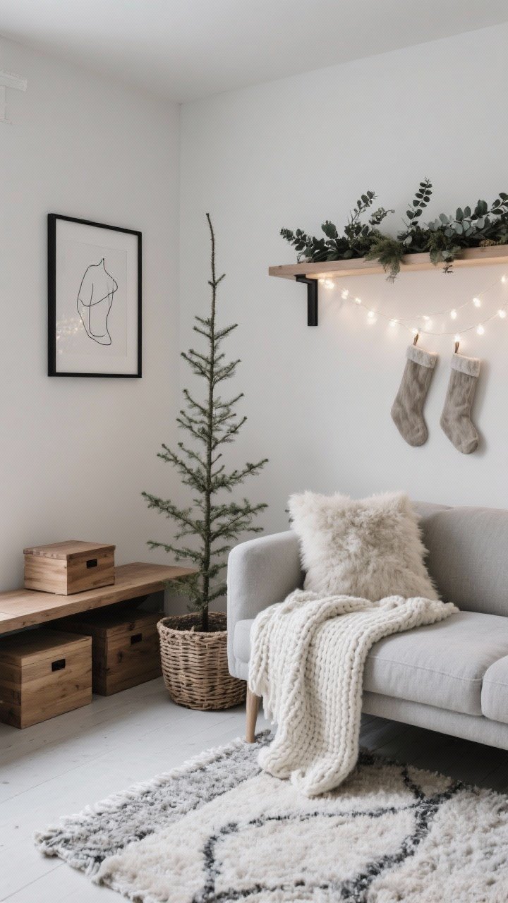 Photorealistic medium shot of a Nordic Neutral Nook living room corner: slim pencil Christmas tree set in a woven basket next to a light gray sofa draped with a chunky ivory knit throw; shearling pillows, a wool rug underfoot, linen stockings on a floating shelf; warm white micro lights draped across the shelf casting a soft glow; a single black-framed minimalist line drawing on the wall, eucalyptus garland along the shelf; matte black accents, warm wood tones, and lidded oak storage boxes tucked under a bench; calm, uncluttered, wintery ambiance.