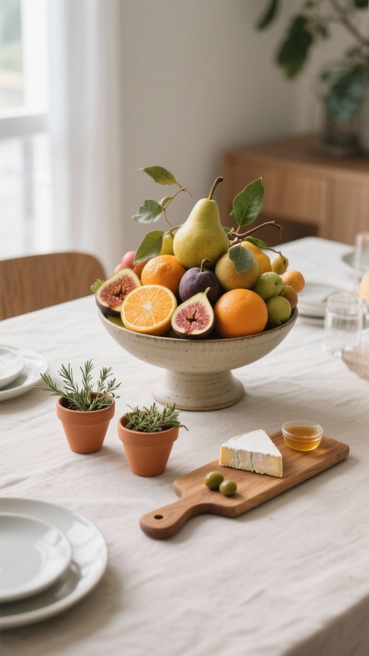 Photorealistic medium shot of an edible centerpiece composition: a footed bowl piled with fresh seasonal fruit—citrus, figs, and pears—with a few leaves and stems for a sculptural look; alongside, two little terracotta herb pots with thyme and rosemary; a slim wooden board holding a minimal cheese-and-olive vignette with a small dish of honey; compact, practical layout that sits low and narrow at the table’s center; natural daylight and a clean, breathable table setup without crowding plates.