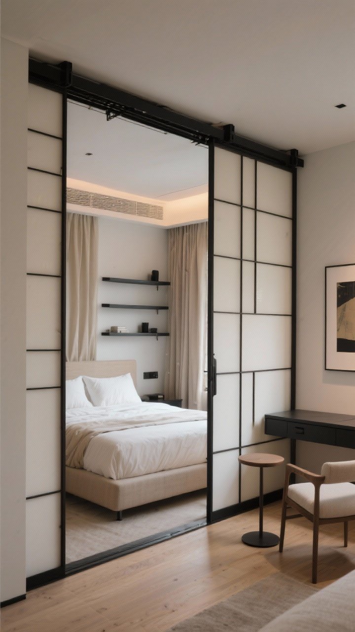 Photorealistic medium shot of the sliding screen sleep suite: ceiling-mounted sliding shoji screens partially closed around a serene sleeping area. Inside, a low bed with ivory linen bedding; oatmeal-toned curtains mounted behind the headboard softening the wall. Floating night shelves with minimal objects, matte black accents. Outside the screen, a narrow console acting as a dresser, plus a small round side table and a slipper chair near an art-led gallery wall. Warm whites, pale oak, matte black; diffused evening lighting; gentle privacy vibe; slight off-center composition.
