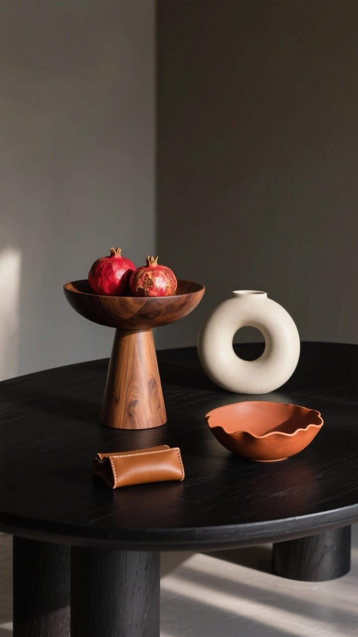 Photorealistic medium shot, straight-on view of a black table styled with warm woods and organic shapes: a warm walnut bowl on a low pedestal filled with seasonal fruit (deep red pomegranates), a curvy donut vase in off-white ceramic, a wavy-edge bowl in terracotta, and a small tan leather catchall; caramel leather tones and terracotta hues stand out against the inky black surface; subtle afternoon natural light, soft shadows, minimal background, focus on rounded silhouettes and contrast without chaos