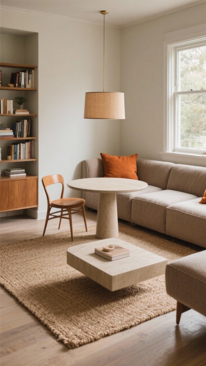 Photorealistic medium-wide corner angle of an L-shaped lounge with dining tuck-in: a compact sectional forming an L along a long wall and a window, short chaise; behind the chaise sits a round pedestal dining table with two slim bentwood chairs pushed fully under. Warm neutral palette—linen, taupe, caramel—with burnt orange cushions on the sectional. A drum shade pendant centered over the dining table, a low, wide coffee table in front of the sectional, a corner bookshelf doubling as a dining sideboard. A single jute rug layered under both zones ties them together; soft afternoon light; airy, cohesive feel.