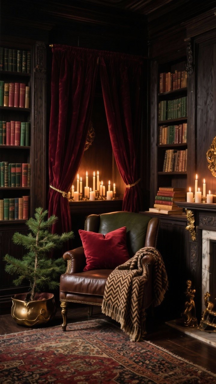 Photorealistic moody medium shot of a Candlelit Old-World Library corner: dark wood bookcases, deep oxblood pillows on a reading chair, antique brass accents; velvet curtain framing a small alcove; clusters of LED taper candles on mantel ledges and stacked vintage books casting warm candlelight; a potted Norfolk pine set in a leather catchall; palette of burgundy, forest green, tobacco leather, antique brass; Persian rug and a herringbone throw; cozy, scholarly ambiance with rich shadows.