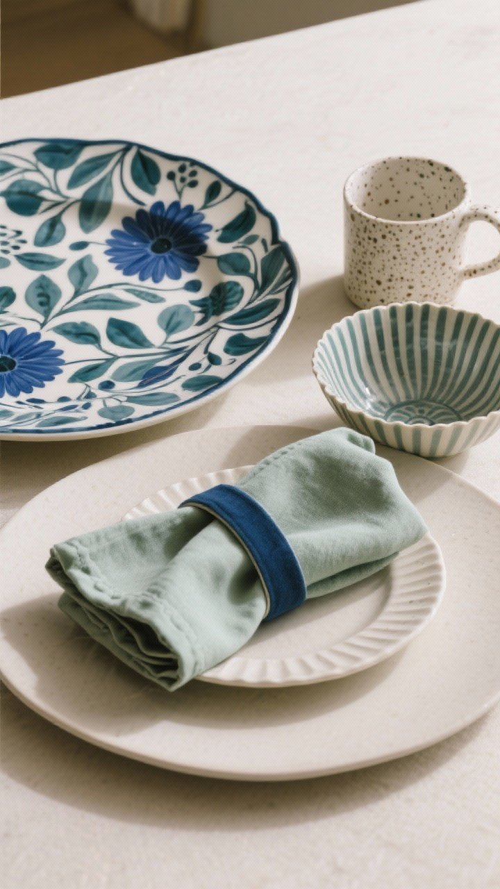 Photorealistic overhead detail shot illustrating the 1-1-1 pattern formula: one bold large-scale floral or modern graphic salad plate, one medium-scale striped or scalloped bowl, and one micro-pattern speckled mug or dipping bowl. Keep all patterns in the same mood and color family; repeat one pulled color (e.g., cobalt or sage) in a napkin ring or plate rim for cohesion. Place on a neutral dinner plate to avoid visual noise. Soft diffused daylight, crisp shadows, high-resolution texture of glazes visible.