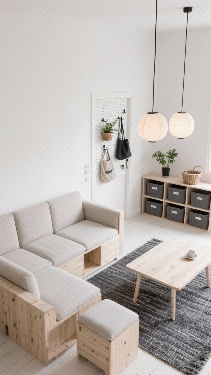 Photorealistic overhead detail shot of a Scandi modular setup: white walls and bleached birch furniture tones, a modular sofa with movable ottomans arranged into a chaise, drop-leaf dining table hugged to the wall for two, pegboard panels by the entry with hooks holding bags, plants, and baskets, open shelving unit with neatly labeled felt bins, graphite flat-weave rug, two simple paper lantern pendants glowing softly; clean, flexible, pale palette with charcoal accents.