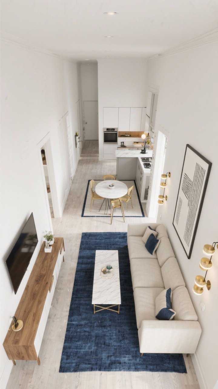 Photorealistic overhead shot of a galley great room layout in a long, narrow apartment: zones aligned from kitchen to living. A slim console table sits behind a two-seat sofa to create a divider; a compact media wall with closed cabinets beyond the sofa. Coordinating runner rugs define each zone. A fold-down bistro table mounted on the wall opposite the sofa. Palette of ink blue, creamy white, brass, and natural oak; linear art and stacked sconces emphasize length. Clean, bright lighting; top-down perspective highlighting flow.
