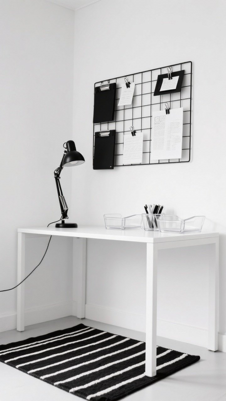 Photorealistic straight-on medium shot of a minimal black-and-white office niche: a slim white desk against a clean wall, a black metal grid board mounted above with black binder clips holding notes and inspiration, a black task lamp, a black-and-white stripe rug defining the zone, and clear acrylic trays organizing supplies. Palette: white, black, small chrome hits. Even daylight for a crisp, intentional look. No people.