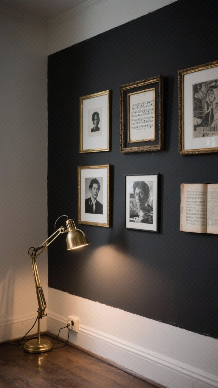 Photorealistic straight-on medium shot of a moody charcoal gallery wall: one charcoal-painted focal section contrasted with surrounding lighter walls, a curated mix of thrifted frames sprayed antique brass (thin and chunky profiles mixed) filled with monochrome art—black-and-white prints, sheet music, art book pages. Add a brass plug-in swing-arm or clamp lamp casting warm glow and subtle reflections. Color palette: charcoal, black, ivory, brass. Dramatic, cozy evening lighting. No people.