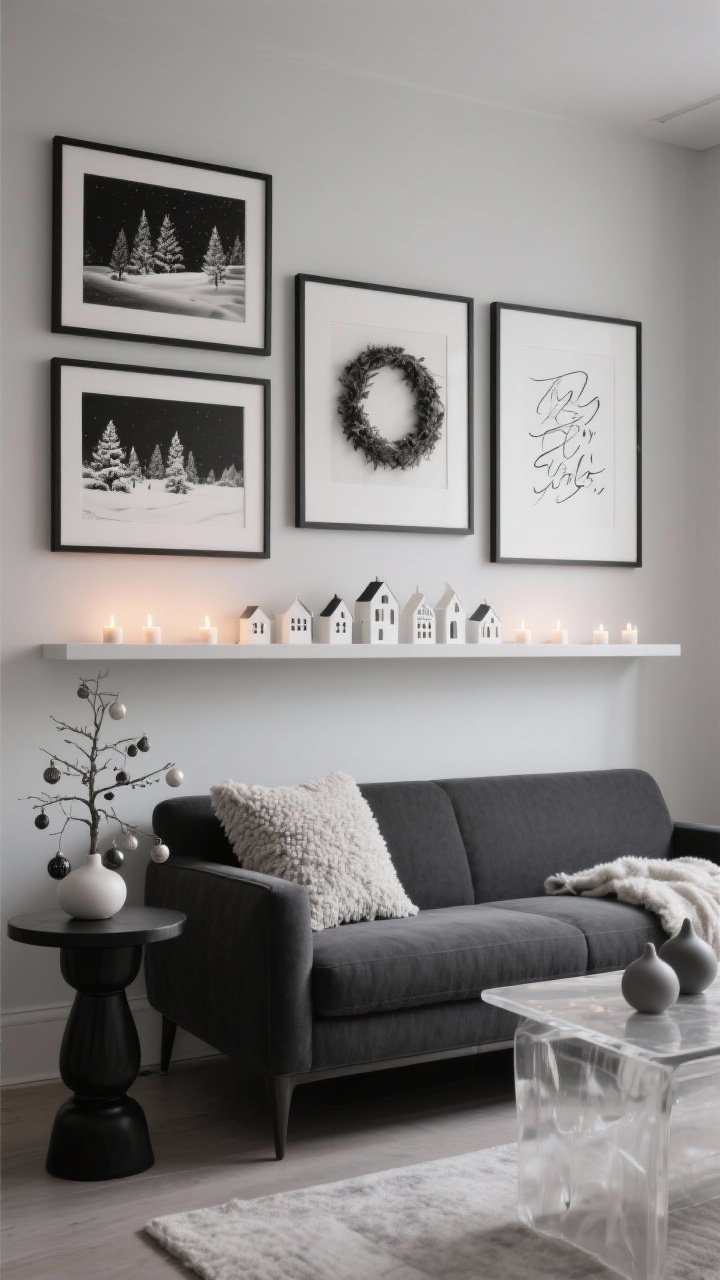 Photorealistic straight-on medium shot of an Artful Monochrome Gallery wall: curated black-and-white prints—snow-scapes, calligraphy, minimal wreath sketches—in matching frames above a floating shelf; a glowing ceramic village with tea lights arranged along the shelf; low-profile charcoal sofa with a boucle pillow and alpaca throw; black pedestal side table; frosted tabletop tree with matte ceramic ornaments; palette restricted to charcoal, gray, and ivory; soft, diffused lighting for a museum-like calm.