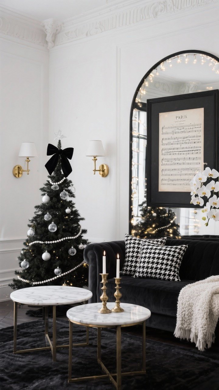 Photorealistic straight-on wide shot of a Parisian Black & White Chic living area: monochrome base with delicate gold accents; armless loveseat, marble-topped nesting tables, slim arched floor mirror reflecting twinkle lights; pencil Christmas tree decorated with black velvet ribbon bows, clear glass ornaments, and pearl garland; brass sconces with white shades, houndstooth pillows and a boucle throw; a black gallery frame above featuring vintage holiday sheet music; white orchids and antique brass taper candle holders on a small tablescape.