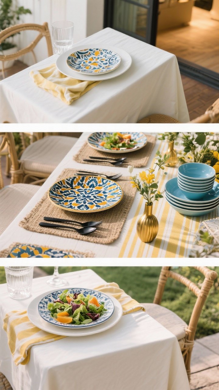 Photorealistic triptych-style scene in one wide frame, curated by occasion across three adjacent settings: left—Everyday Easy with a white dinner plate base, a single patterned salad plate (varied designs per seat), one-color cloth napkin, and simple clear glassware; center—Dinner Party Drama layered three deep with a charger/placemat, dinner plate, bold patterned salad plate, anchored by brass or matte black flatware and a small bud vase echoing a motif; right—Al Fresco Feels using durable melamine or enamelware, saturated blues and citrusy yellows, stripes mixed with botanicals, real linen napkins. Outdoor side spill of light for the al fresco zone, warmer indoor light for others, shot from a slight corner angle.