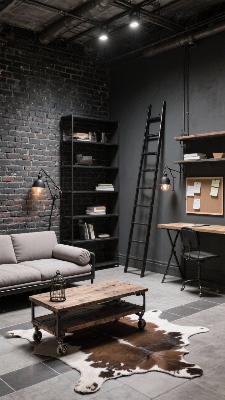 Photorealistic wide industrial nook scene: brick wallpaper feature wall against charcoal paint, black steel shelving stacked vertically, convertible futon sofa with a structured frame, reclaimed wood coffee table on casters, cage sconces on swing arms illuminating the area while freeing floor space, ladder desk with built-in shelving and a magnetic board pinned with notes, concrete-look peel-and-stick tiles underfoot, cowhide rug adding organic contrast; gritty-chic loft energy with directional lighting.