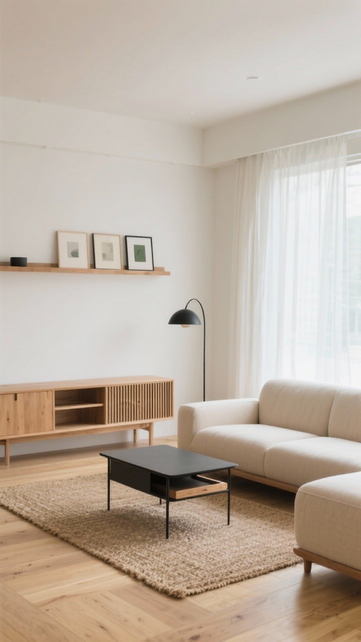 Photorealistic wide living room shot in Japandi style: buttery oak floors, low-profile beige sofa with clean lines, thin black metal coffee table with a hidden drawer slightly ajar, soft white alabaster walls, gauzy linen curtains floating just above the floor, slatted oak media unit doubling as storage, wall-mounted shelf ledge with a minimal curated row of art, matte black arc lamp, woven jute rug, quiet palette of sand, oat, charcoal, and sage accents; natural daylight, low furniture emphasizing horizontal lines and airy height.