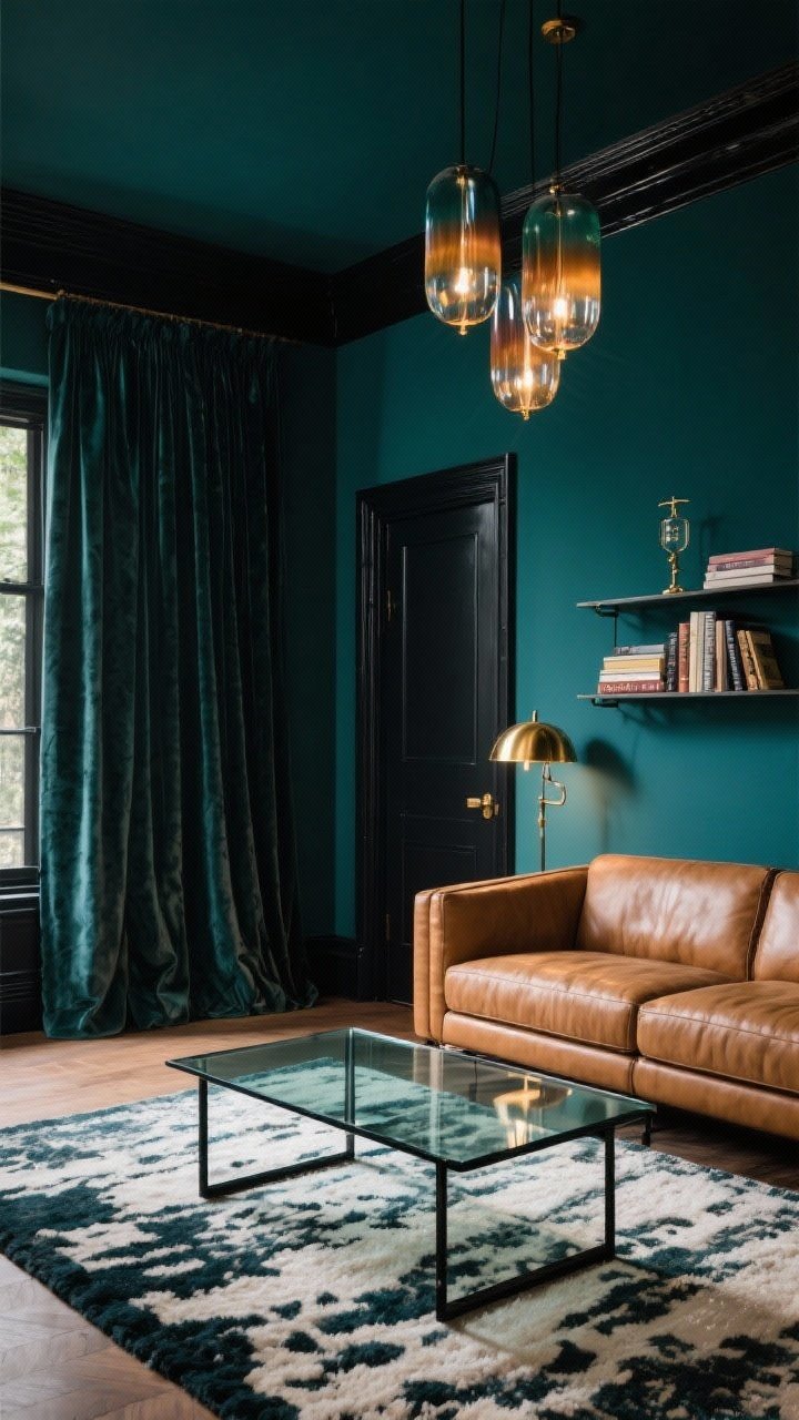 Photorealistic wide “moody jewel box” living area: deep teal walls with matte black trim, camel leather loveseat, tightly woven rug in midnight and ivory, ceiling-to-floor velvet curtains that pool slightly on the floor, glass-top coffee table with a slender black frame to keep visual openness, shelves mounted above the doorway holding books, brass pharmacy lamp and ombre glass pendants casting warm, reflective highlights; dramatic, high-contrast lighting with gentle reflections.
