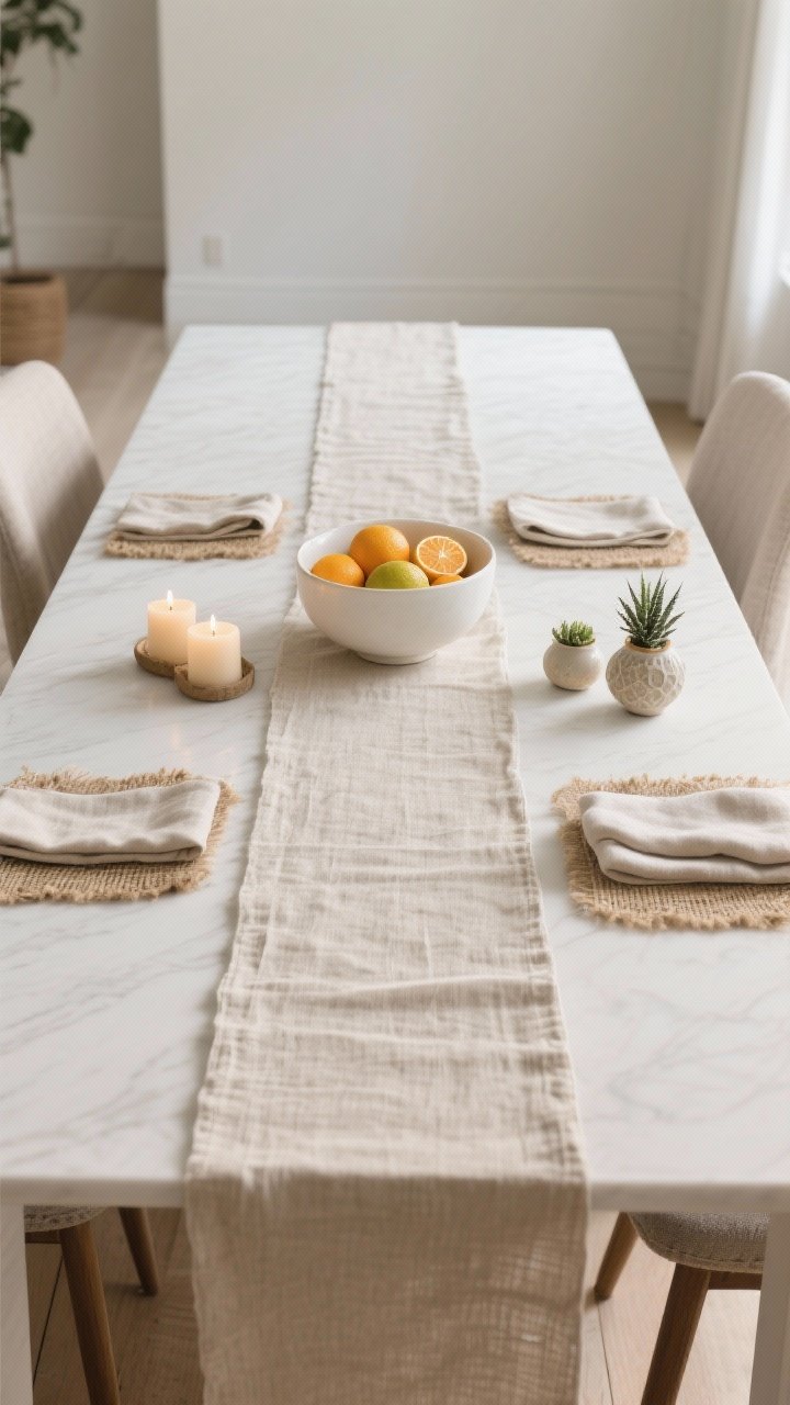 Photorealistic wide room shot of a dining table featuring a skinny runner stack: a narrow 12–14 inch linen runner (natural flax tone) centered on the table, layered with small textures—raw silk napkins and a touch of jute; micro accents only, arranged by rule of thirds—left third: a small cluster of votive candles; center third: a low, white ceramic bowl filled with citrus; right third: two tiny ceramic pieces and a low succulent; straight-on view with soft daylight, the runner elongating the table visually while leaving generous space for place settings.