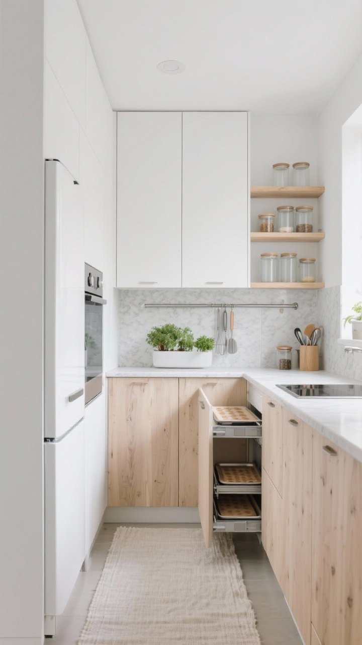 Photorealistic wide room shot of a Scandinavian small kitchen in soft whites, ash wood, and brushed steel: matte white slab-front cabinets with hidden finger pulls and concealed hinges, pale ash wood open shelves styled with frosted glass canisters, whisper-gray quartz countertop with a low matching backsplash, slim stainless wall rail holding a tiny herb garden and everyday utensils, a full-height pantry pullout beside the fridge, a skinny spice pullout flanking the range, and a toe-kick drawer open under base cabinets showing baking sheets. Add a light linen runner on the floor. Clean daylight, calm minimalist mood, straight-on view emphasizing serene lines and impeccable tidiness.