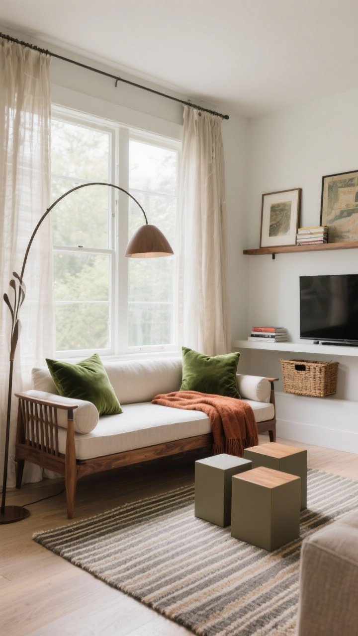 Photorealistic wide shot centered on a window-wrapped daybed den: a walnut daybed frame under large windows with cushion-back bolsters; moss green velvet pillows and a rust throw for color pop. A sculptural floor lamp arcing overhead for reading; opposite wall features a narrow wall-mounted console holding a TV and baskets, with a ledge shelf above for layered art and a small stack of books. Two nesting cube tables instead of a coffee table keep the sightline clear; sheer linen drapes filter abundant daylight; striped flatweave rug visually elongates the room.