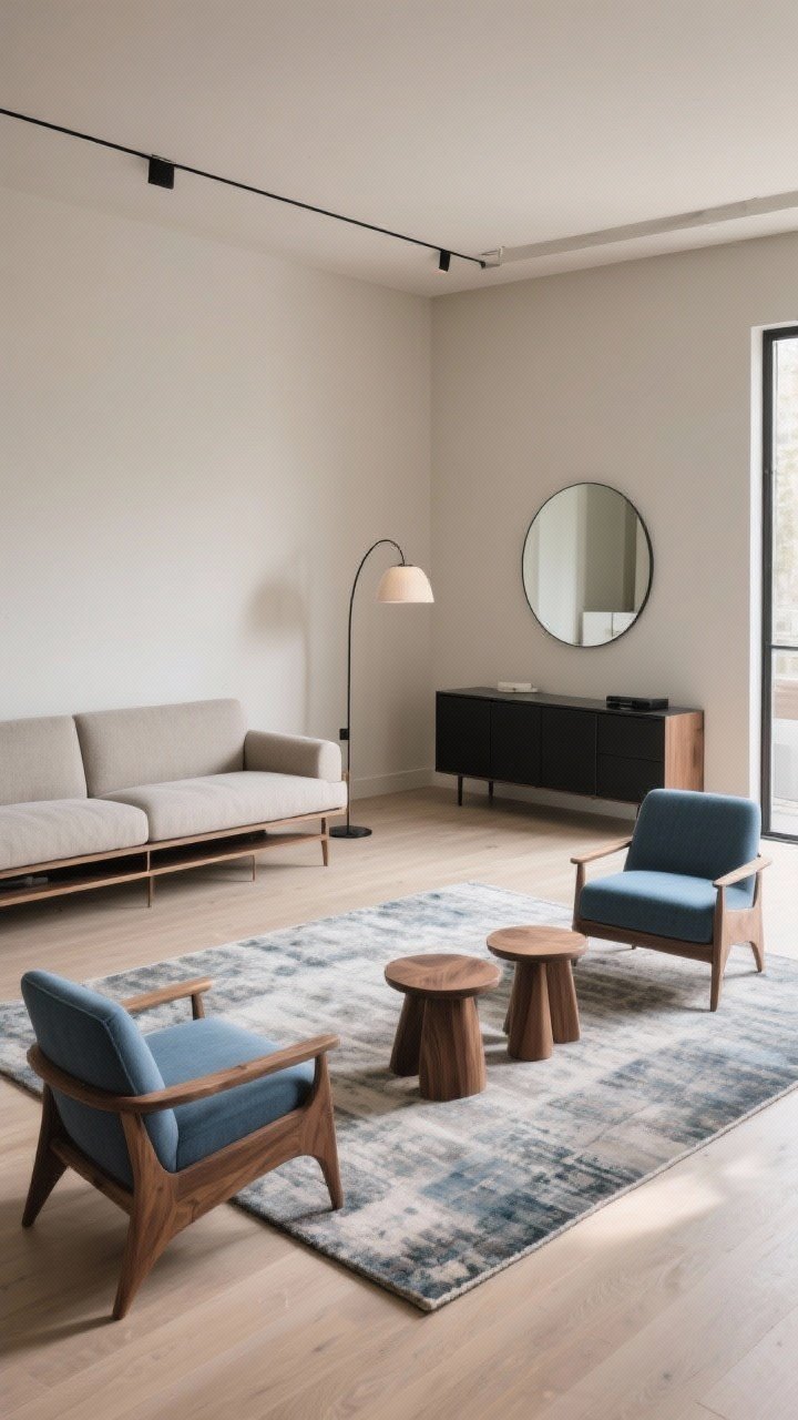 Photorealistic wide shot of a floating furniture flow: a two-seat sofa centered on a large rug defining the zone, with a narrow console behind it and two stools tucked under. Across from the sofa, a low credenza conceals media. Two matching armchairs angled in to create a conversation circle, an arched floor lamp bringing light to the middle without ceiling wiring. Greige walls, black accents, oak wood, soft blue textiles. A round mirror on the nearest wall bouncing light; open circulation paths; bright, even natural light with gentle shadows.